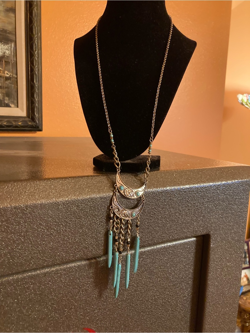 Boho Crescent Pendant Necklace with Turquoise Accents